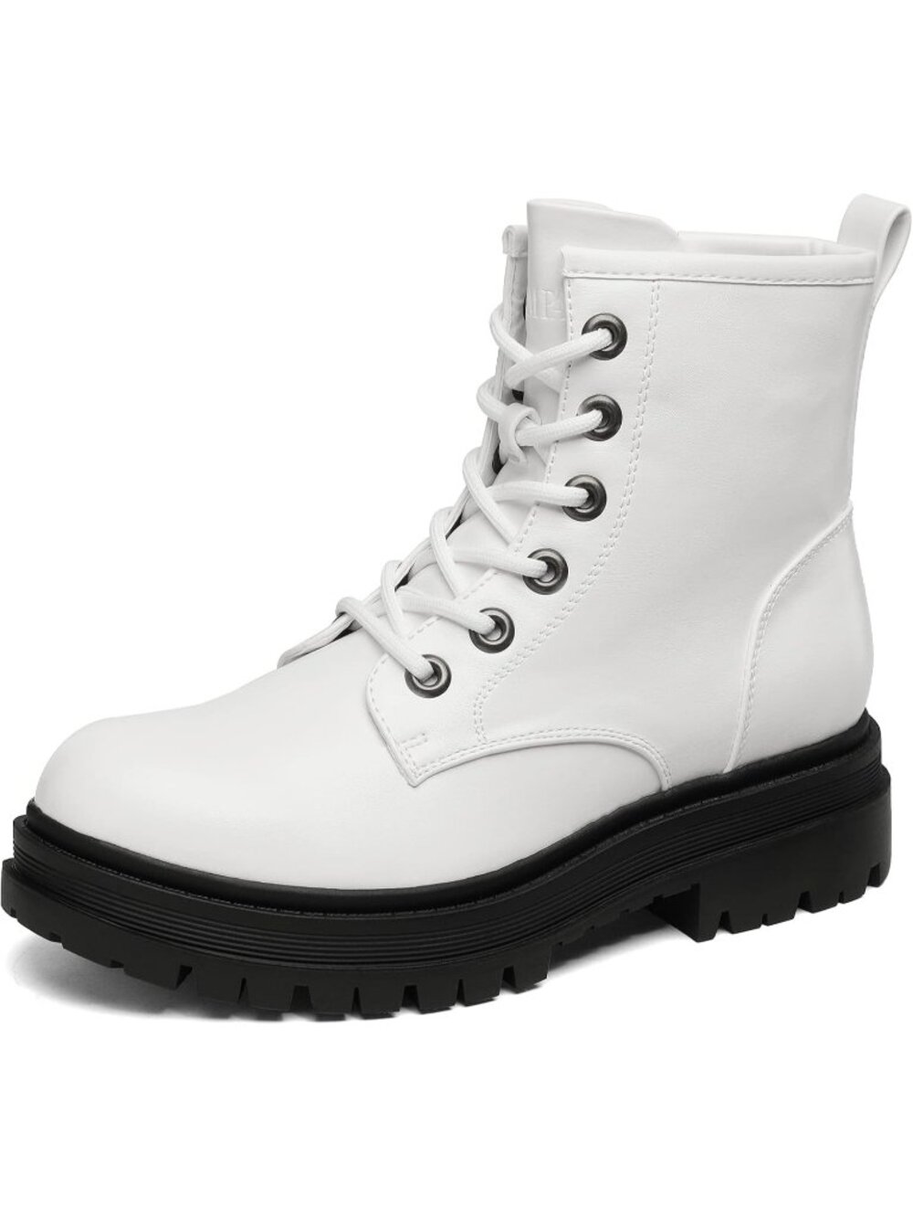 Womens White Polyurethane Combat Boots Lace-up Low Chunky Heel Ankle Boots